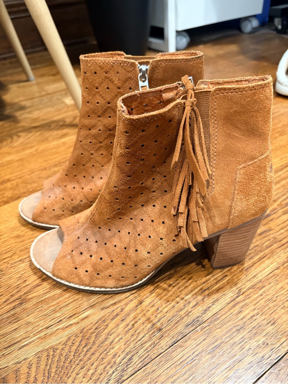 Toms Tan Suede Perforated Fringe Peep-Toe Ankle Boots
